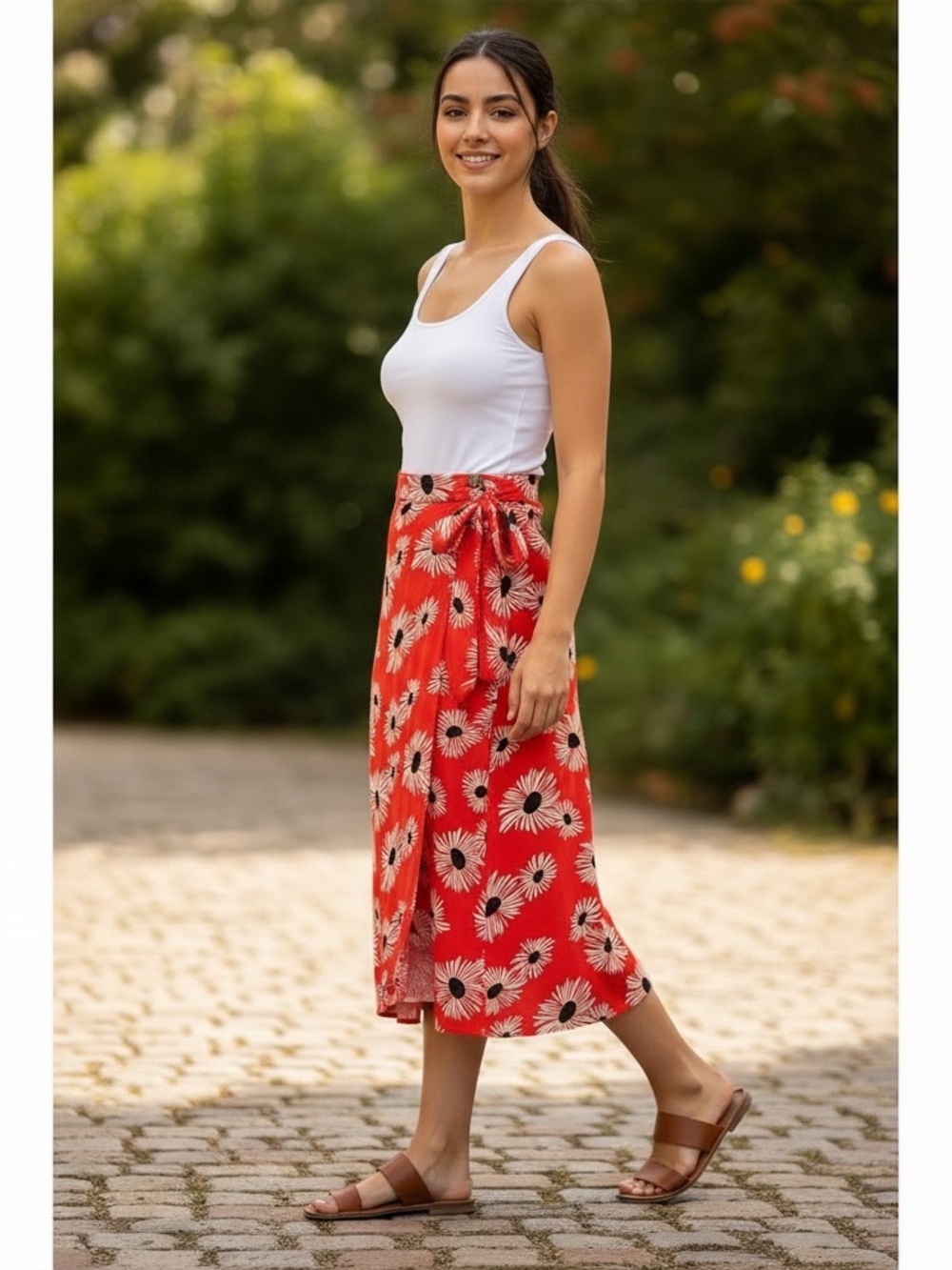 Anthropologie Colloquial Red Daisy Print Wrap Midi Skirt Limited Edition Size XS